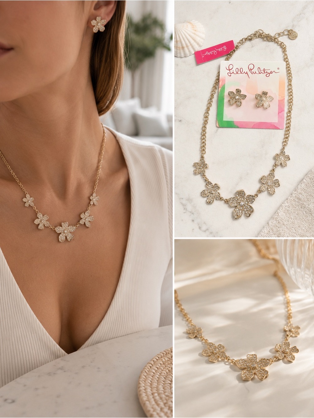 Lilly Pulitzer $140 Gold Floral Crystal Necklace Earrings Set cute feminine